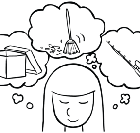 Illustration of woman thinking of three Calming Visualisations, a mindfulness group activity
