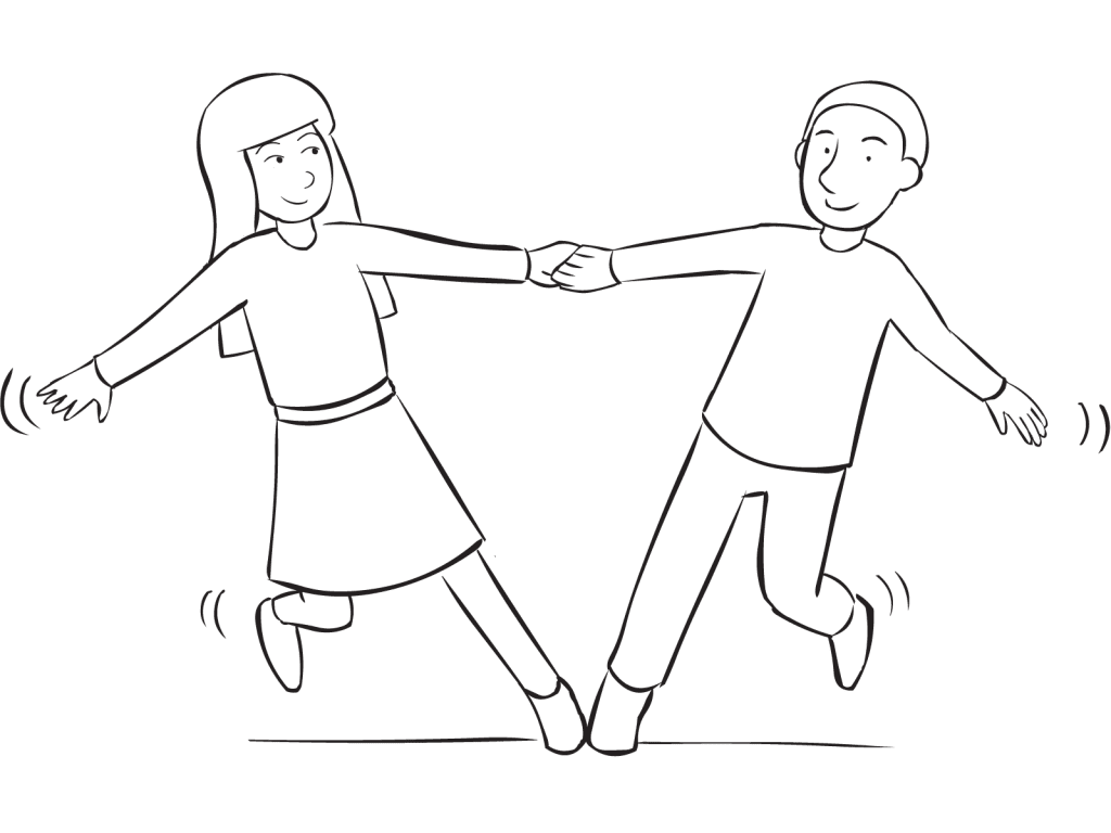 Two people holding hands and leaning away from each other as part of series of fun partner stretches called Star Stretch