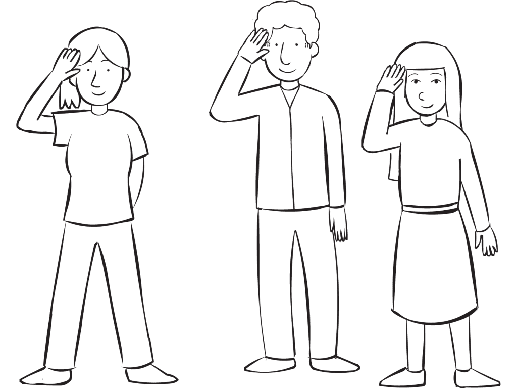 Three people using right hand to salute, as part of Shipwreck energiser game