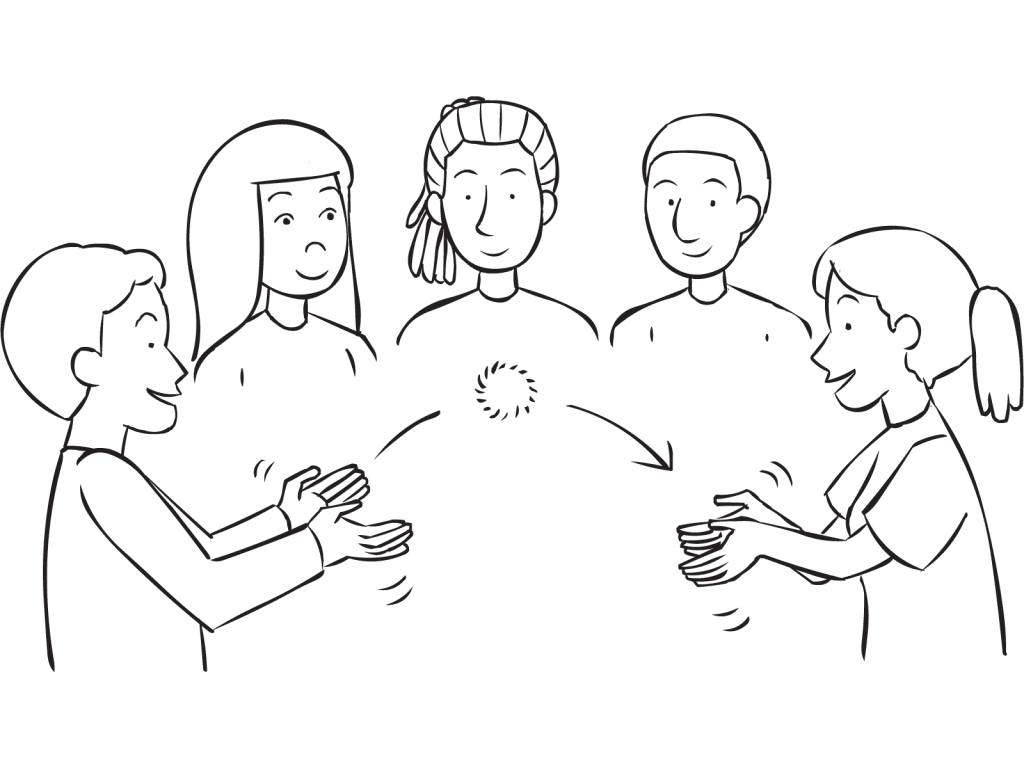 People passing a soft ball in a circle, as seen in name-game called Toss-A-Name Game