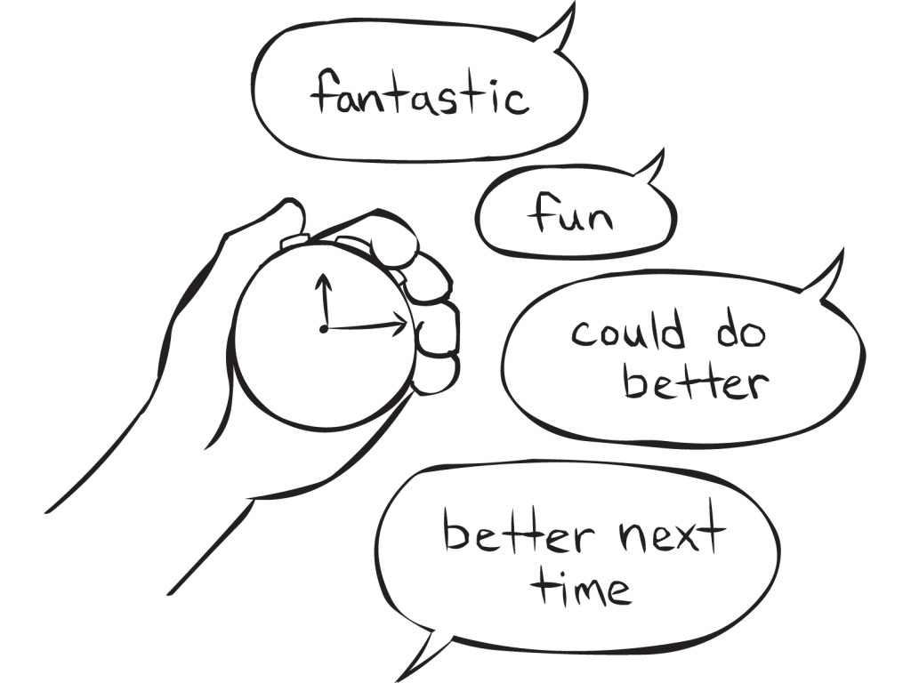 Hand holding a stop-watch with talk bubbles, as heard in One Minute Debrief reflection exercise