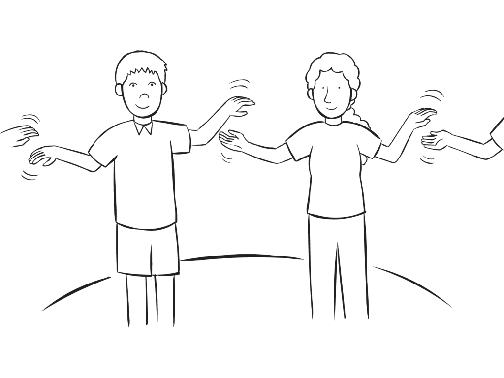 Group of people standing in a circle involved in problem-solving exercise called Circle Clap