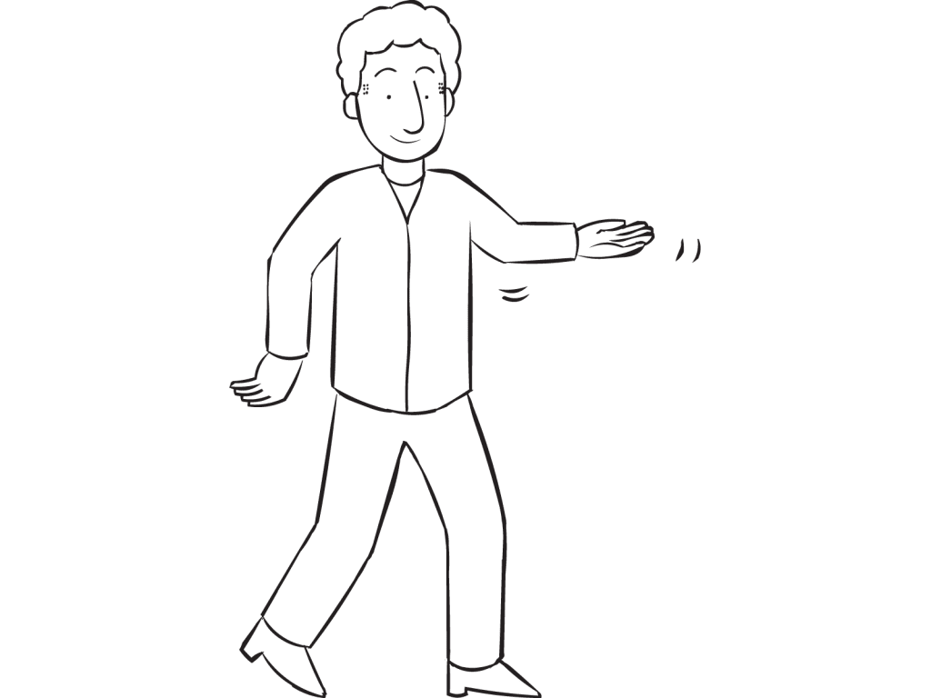 Man using imagination to hold a cup in his hand while stretching in Tea Cup Stretch exercise