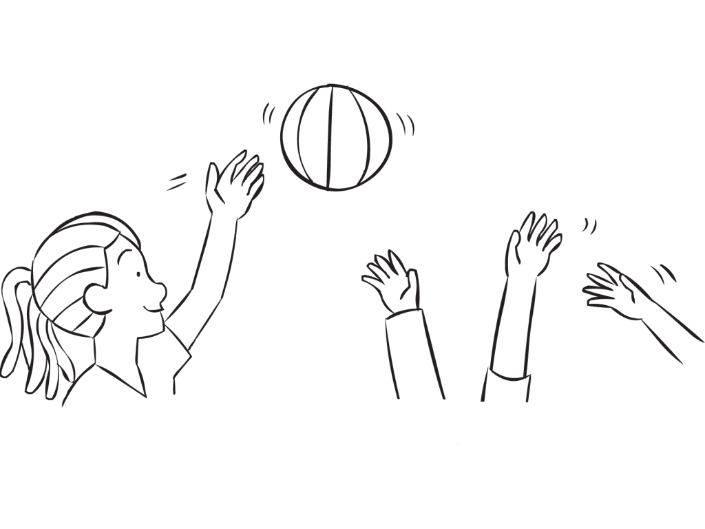 Woman hitting beach ball in air above other hands, as featured in team-building activity Moonball