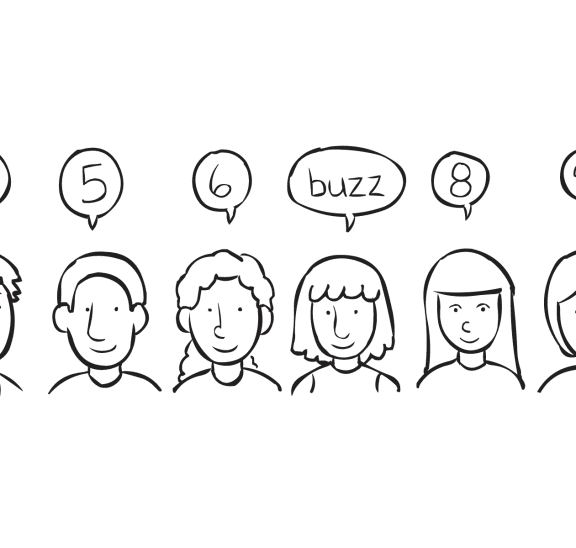 Group of people taking turns to count number, as heard in fun group counting game called Buzz