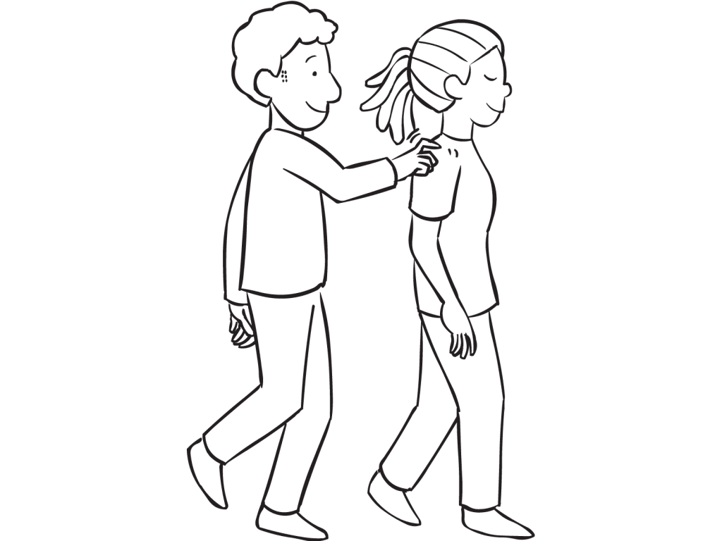 Man tapping woman on shoulder as part of fun partner game called Robot Walk