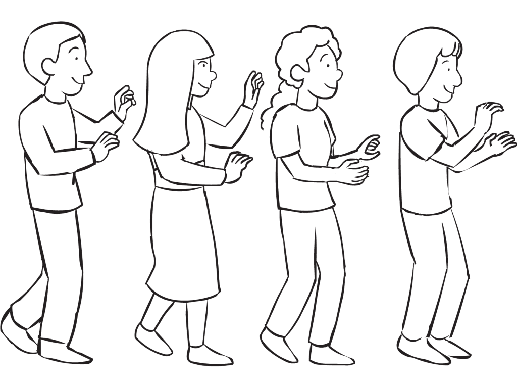 Four people standing in a line following instruction in an energiser game called Bobsled Teams, perfect for team-building games for students