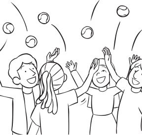 Group juggling challenge All Catch involving people throwing balls into the air
